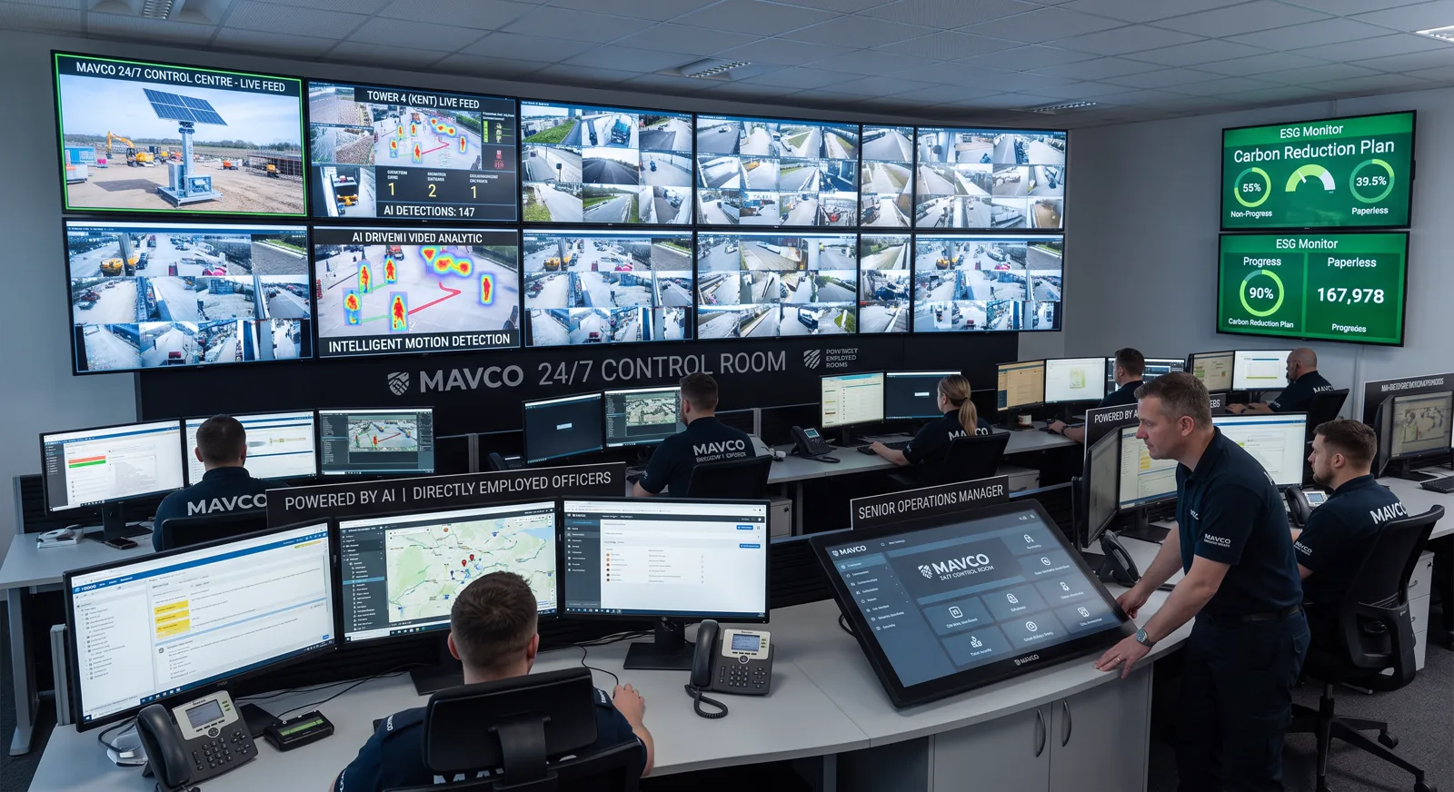 Mavco 24/7 control room monitoring AI CCTV tower live feeds