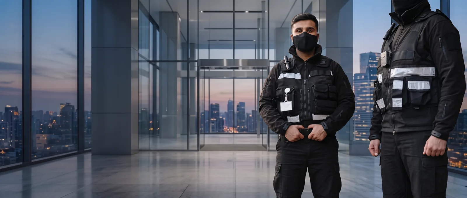 Mavco officers on post in a corporate lobby