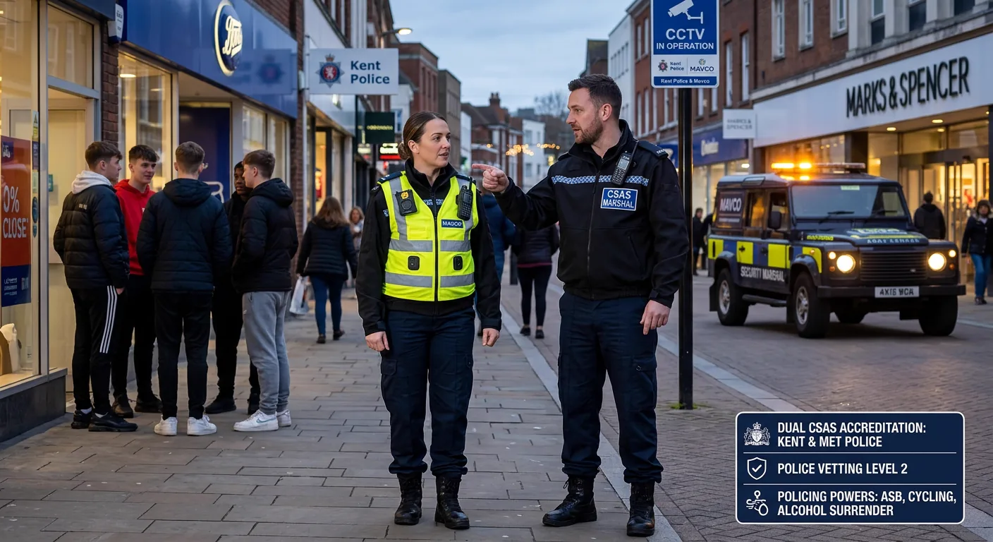 Mavco CSAS security marshals on patrol with Kent Police accreditation