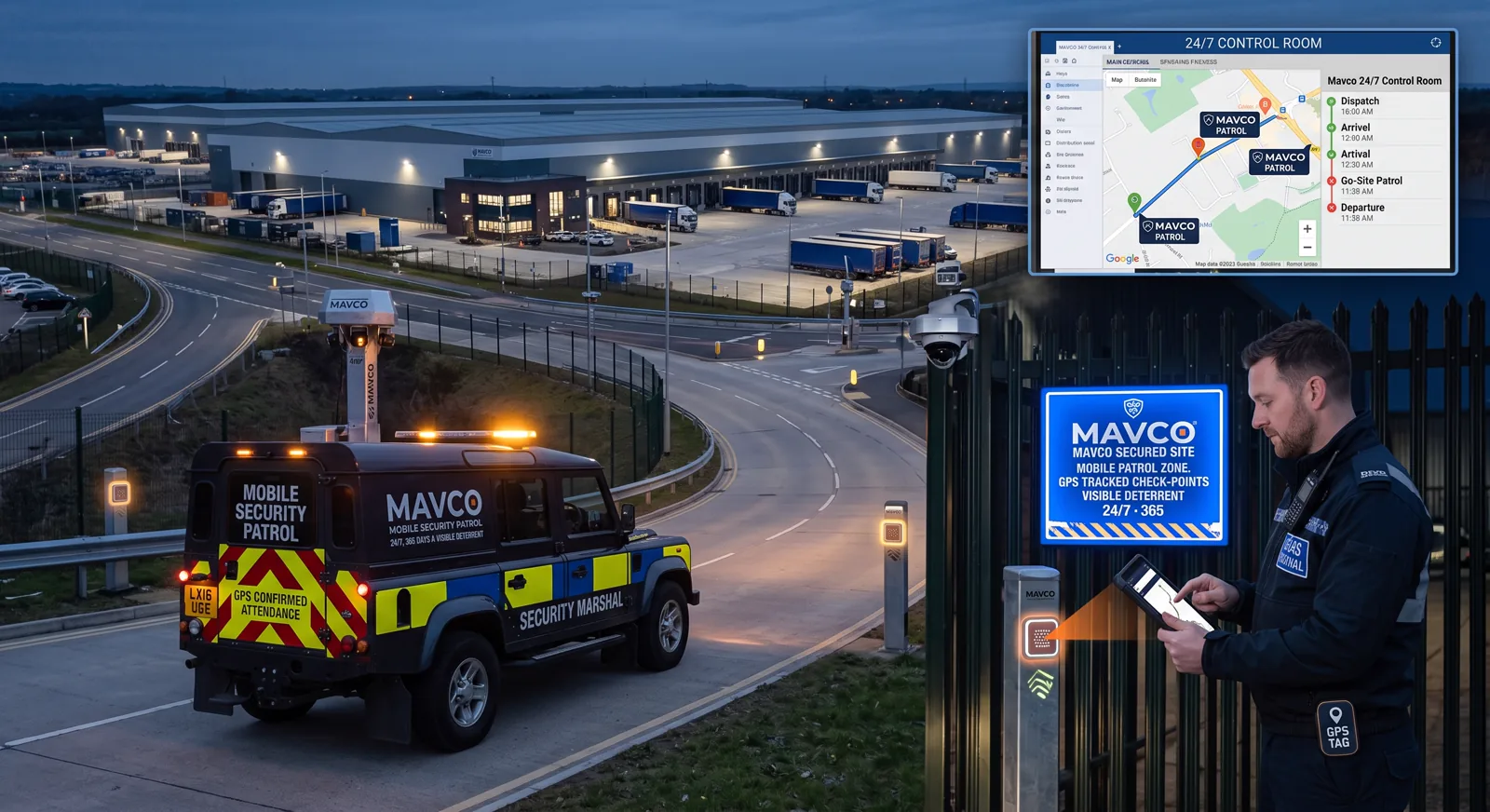 Mavco mobile security patrol vehicle with GPS confirmed attendance at a logistics site